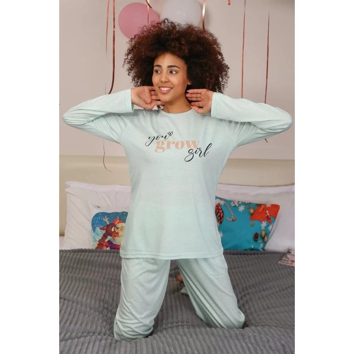 Moda Kadın Penye Uzun Kol Pijama Takım Su Yeşili