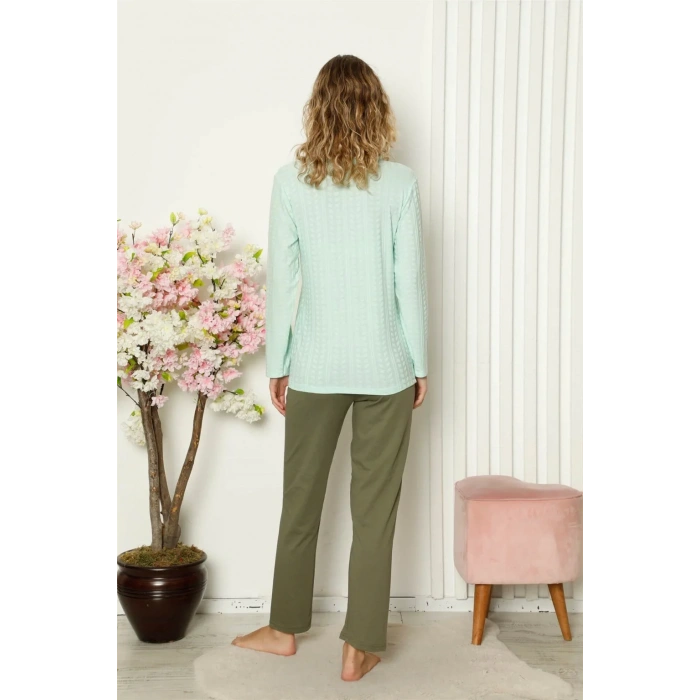 Moda Kadın Penye Uzun Kol Pijama Takım Su Yeşili