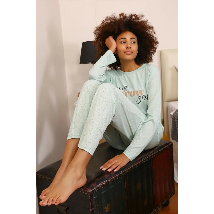 Moda Kadın Penye Uzun Kol Pijama Takım Su Yeşili
