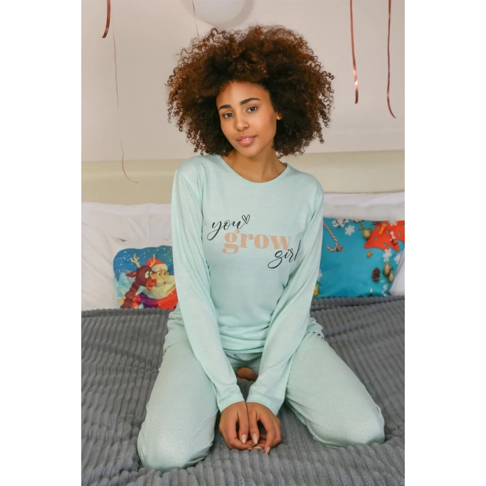 Moda Kadın Penye Uzun Kol Pijama Takım Su Yeşili