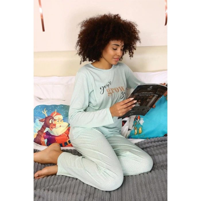 Moda Kadın Penye Uzun Kol Pijama Takım Su Yeşili