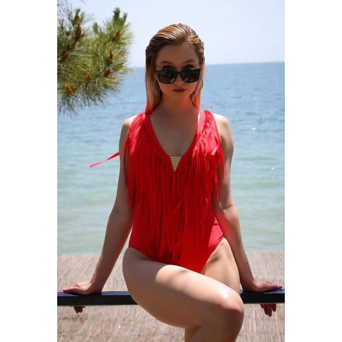 Moda Kadın Püsküllü Mayo Kırmızı