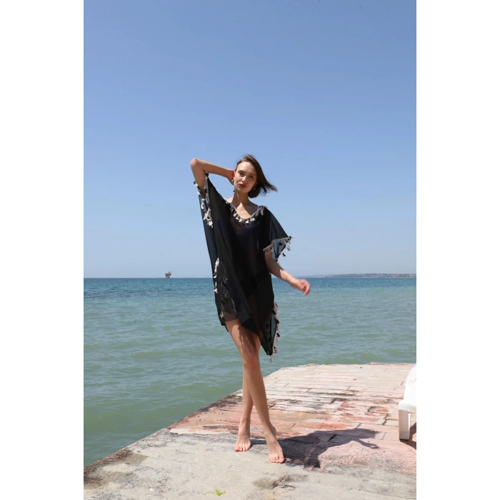 Moda Kadın Püsküllü Tunik Pareo Plaj Elbisesi Siyah