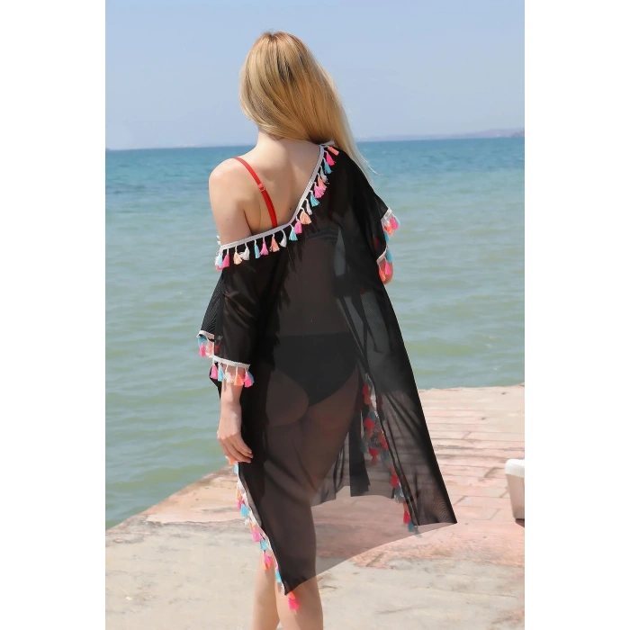 Moda Kadın Püsküllü Tunik Pareo Plaj Elbisesi Siyah