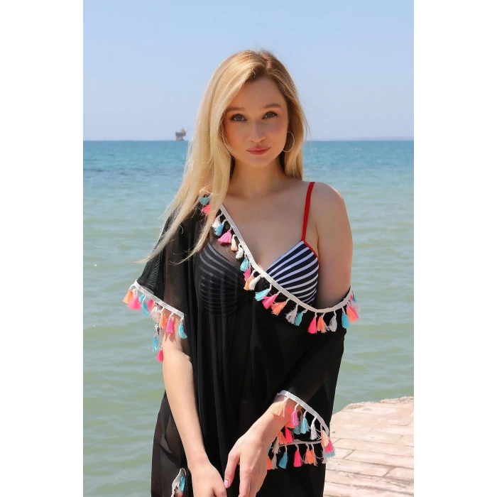 Moda Kadın Püsküllü Tunik Pareo Plaj Elbisesi Siyah