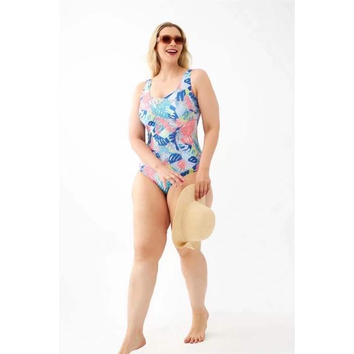 Moda Kadın Renkli Tropikal Desenli Büyük Beden Tek Parça Mayo