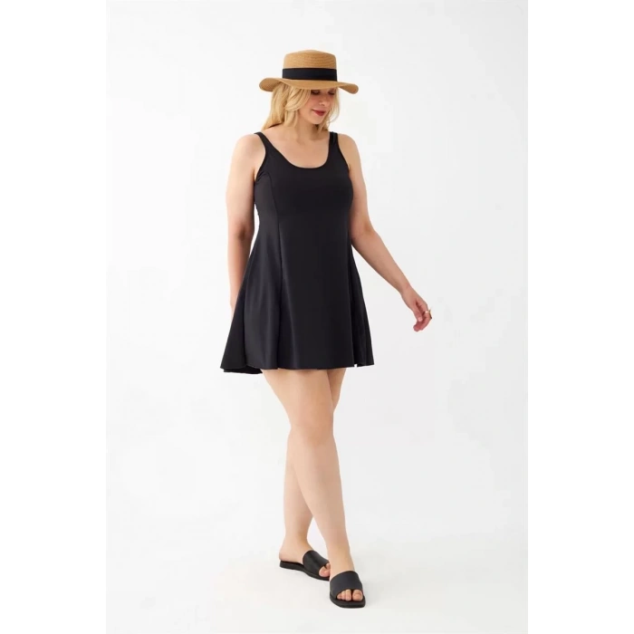 Moda Kadın Siyah Büyük Beden Düz Elbise Mayo