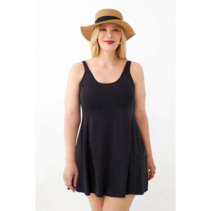 Moda Kadın Siyah Büyük Beden Düz Elbise Mayo