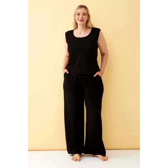 Moda Kadın Siyah Keten Jakarlı Büyük Beden Alt Üst Takım