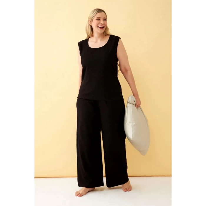 Moda Kadın Siyah Keten Jakarlı Büyük Beden Alt Üst Takım