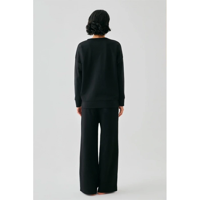 Moda Kadın Siyah Manifest Oversize 2 İplik Eşofman Ev Giyim Takımı