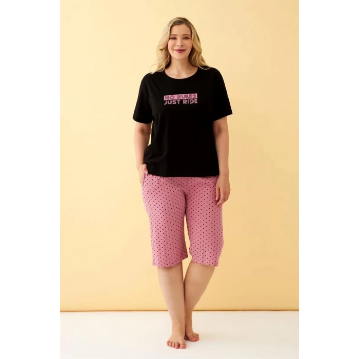 Moda Kadın Siyah “No Rules Just Ride” Yazılı Büyük Beden Kapri Pijama Takımı