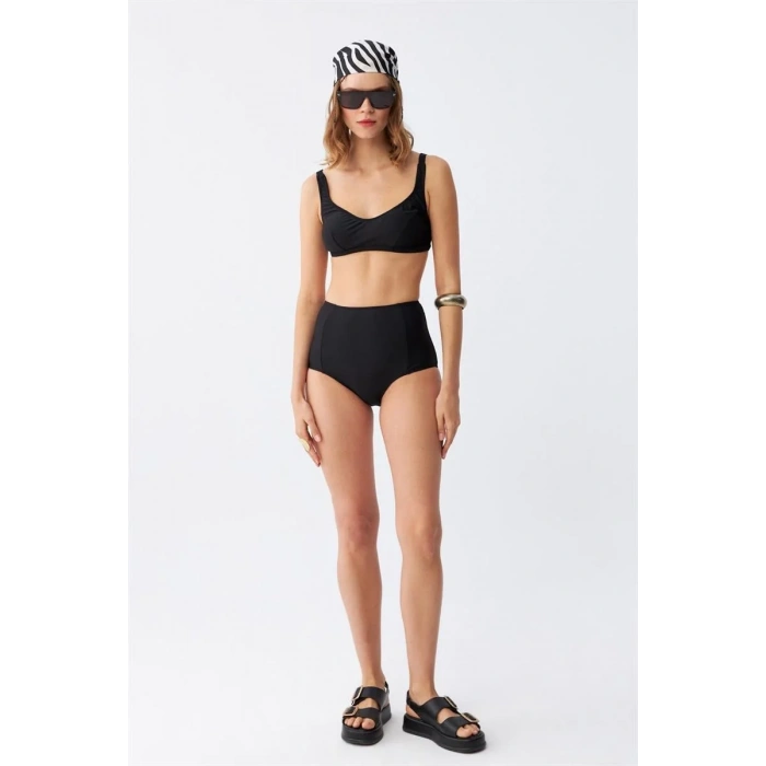 Moda Kadın Siyah Pedli Kare Yaka Yüksek Bel Bikini Takımı