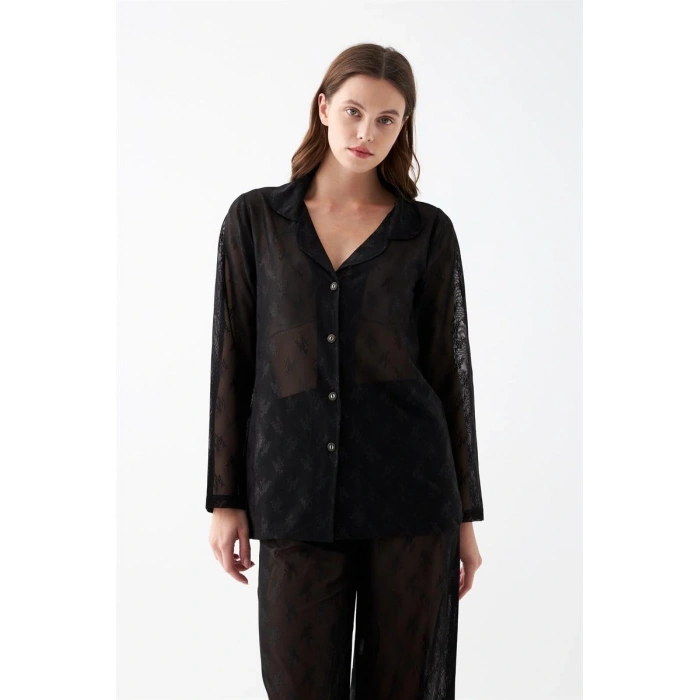 Moda Kadın Siyah Şeffaf Jakar Düğmeli Pijama Takımı