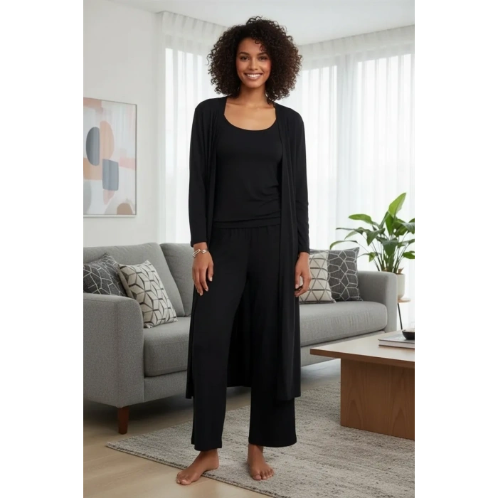 Moda Kadın Siyah Yumuşak Dokulu Dökümlü Uzun Kimono Şık ve Rahat Ev Giyim