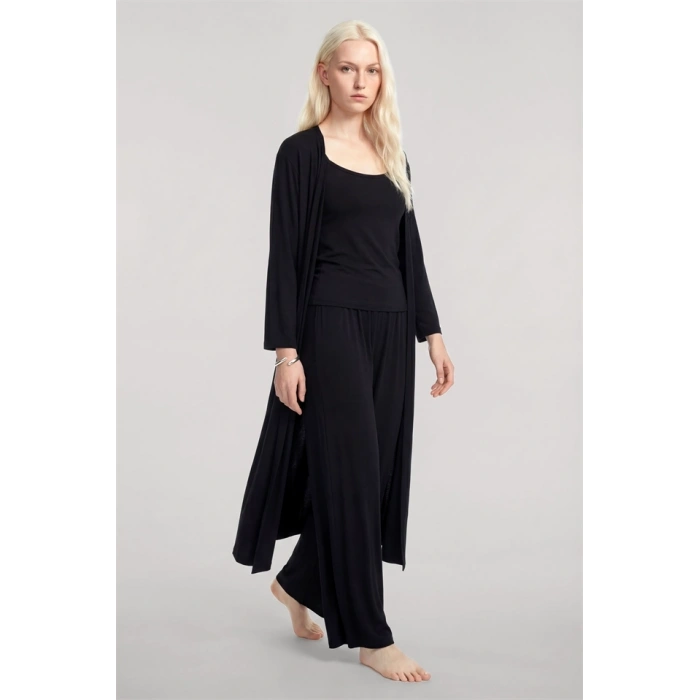 Moda Kadın Siyah Yumuşak Dokulu Dökümlü Uzun Kimono Şık ve Rahat Ev Giyim