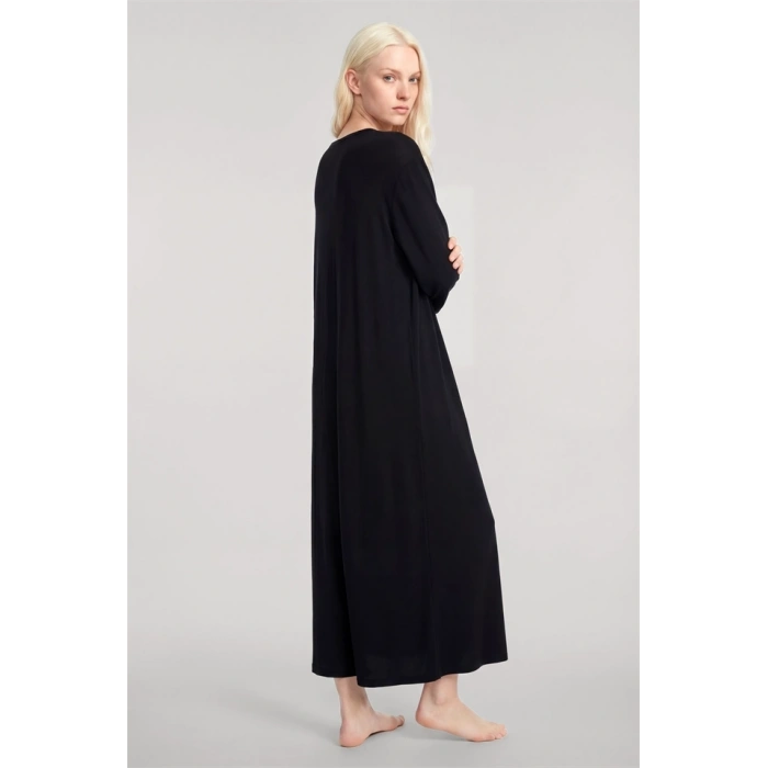 Moda Kadın Siyah Yumuşak Dokulu Dökümlü Uzun Kimono Şık ve Rahat Ev Giyim