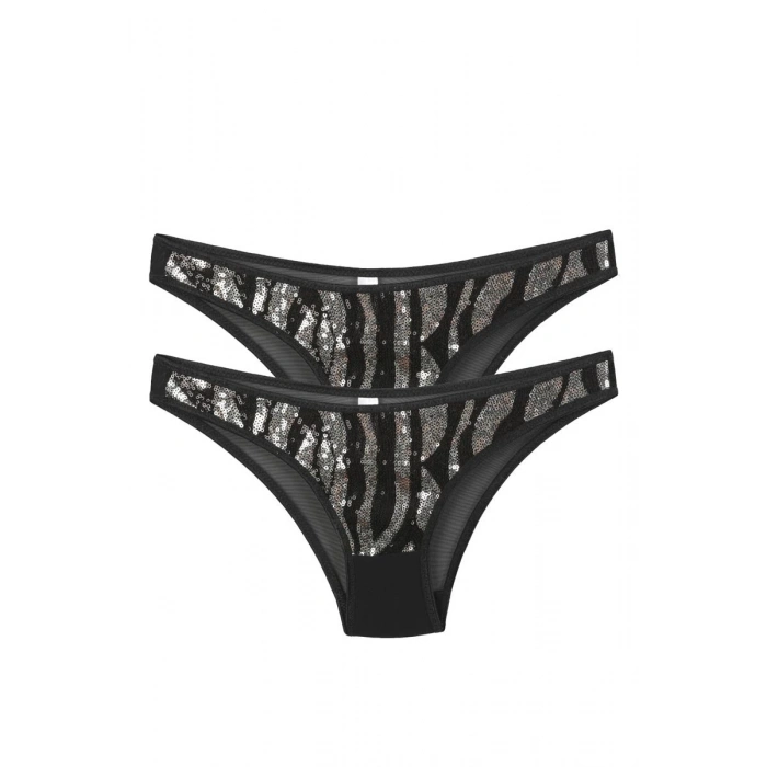 Moda Kadın Siyah Zebra Desenli Payetli 2li Slip