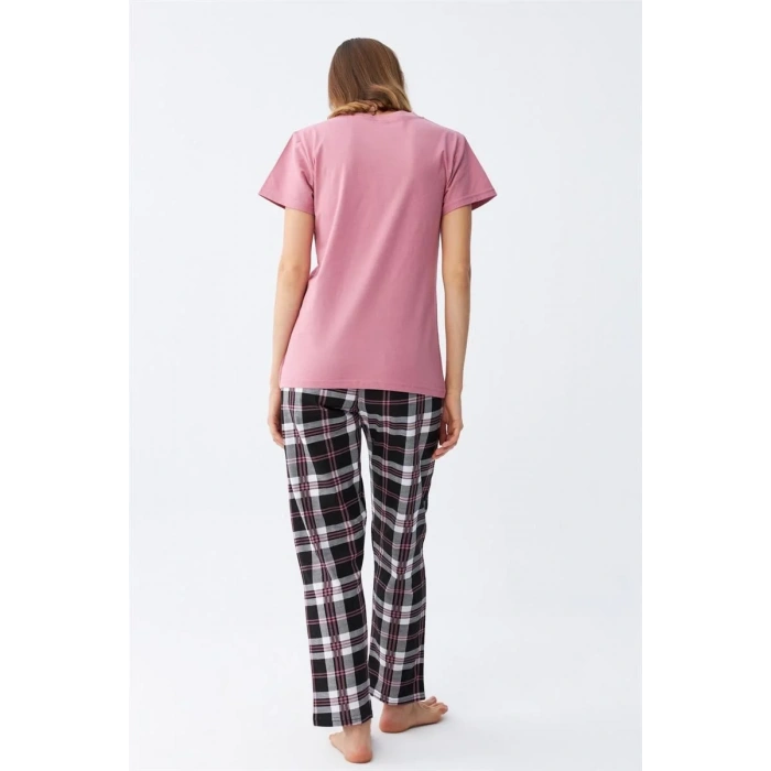 Moda Kadın Somon Ayıcık Baskılı Ekoseli Penye Pijama Takımı