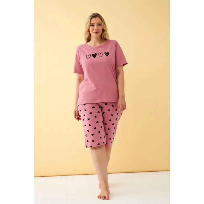 Moda Kadın Somon Kalp Desenli Büyük Beden Kapri Pijama Takımı