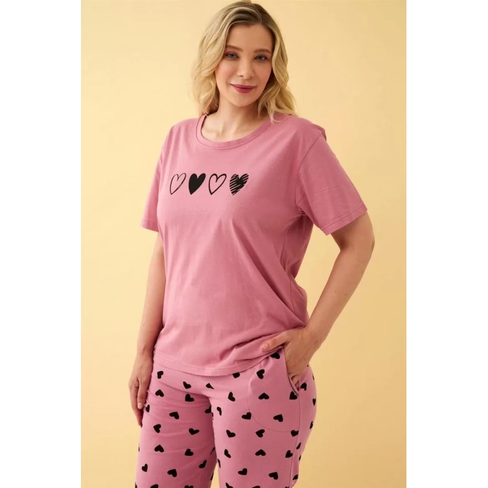 Moda Kadın Somon Kalp Desenli Büyük Beden Kapri Pijama Takımı
