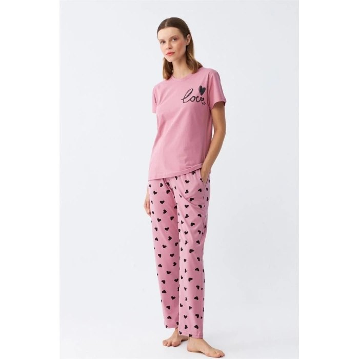 Moda Kadın Somon Kalp Desenli Kısa Kollu Penye Pijama Takımı