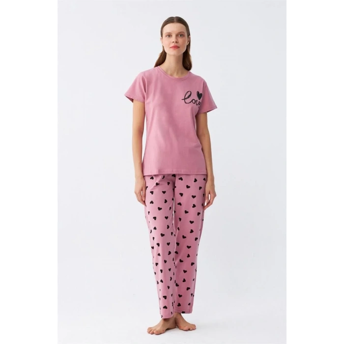 Moda Kadın Somon Kalp Desenli Kısa Kollu Penye Pijama Takımı