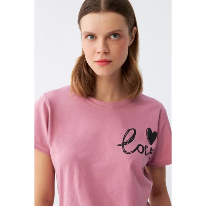 Moda Kadın Somon Kalp Desenli Kısa Kollu Penye Pijama Takımı