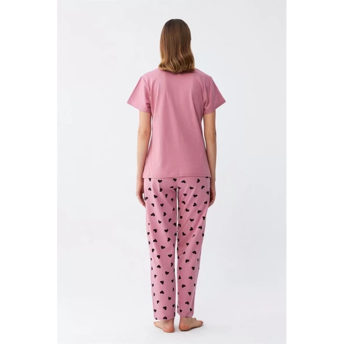 Moda Kadın Somon Kalp Desenli Kısa Kollu Penye Pijama Takımı