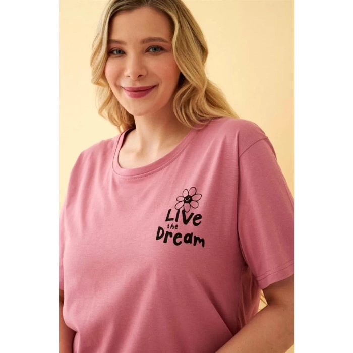 Moda Kadın Somon “Live the Dream” Yazılı Büyük Beden Kapri Pijama Takımı