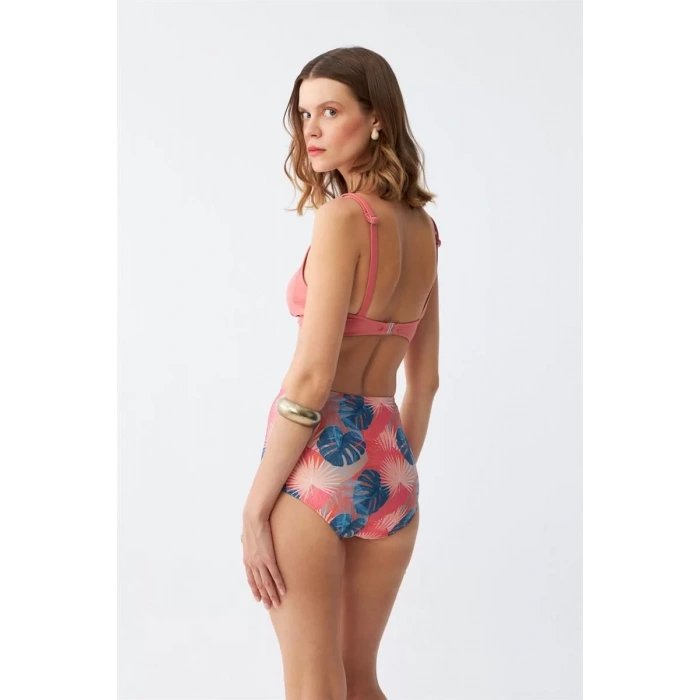 Moda Kadın Somon Pedli Üst ve Tropik Desenli Yüksek Bel Bikini Takımı