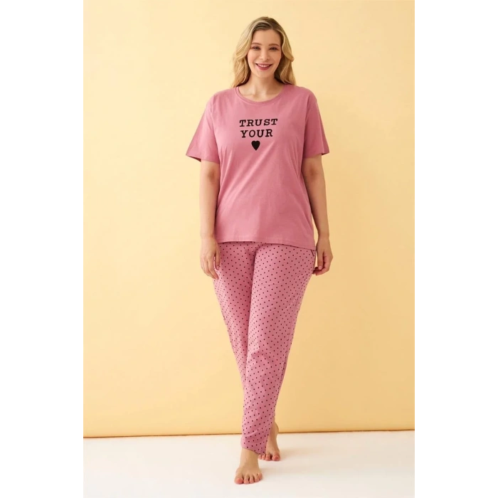Moda Kadın Somon Trust Your Heart Yazılı Büyük Beden Pijama Takımı