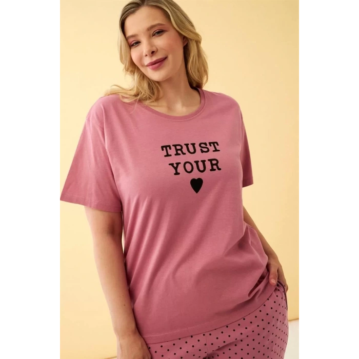Moda Kadın Somon Trust Your Heart Yazılı Büyük Beden Pijama Takımı
