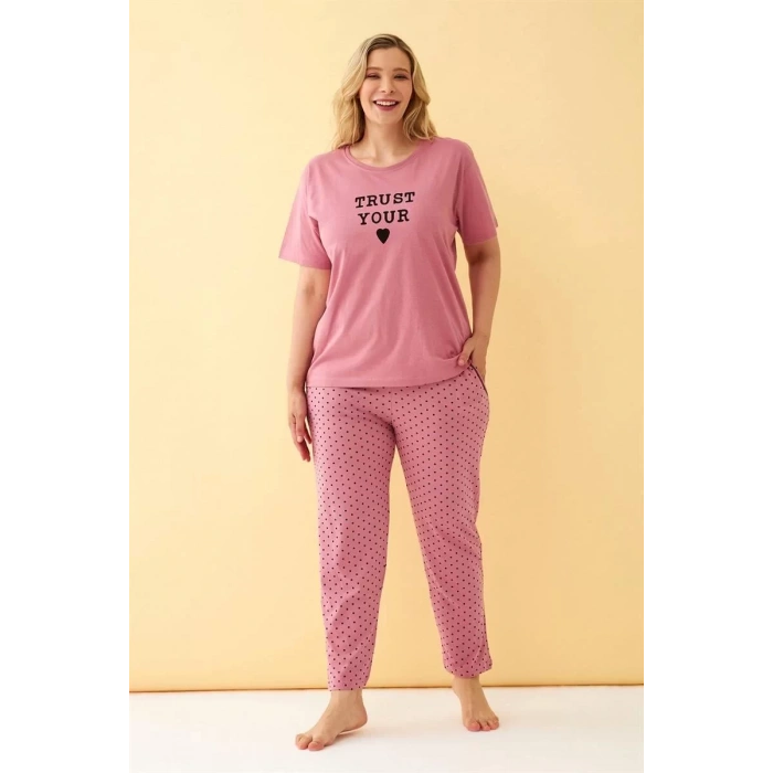 Moda Kadın Somon Trust Your Heart Yazılı Büyük Beden Pijama Takımı