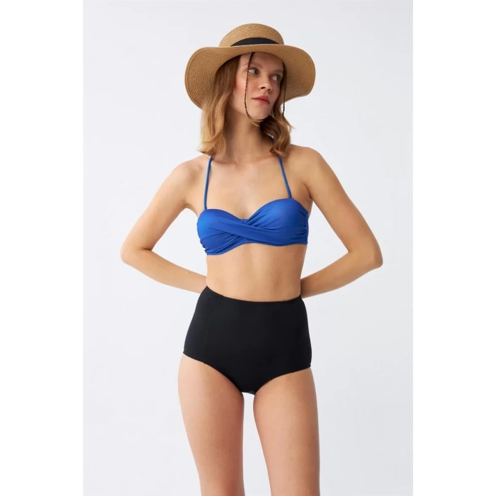 Moda Kadın Straplez Mavi Yüksek Bel Bikini Takımı