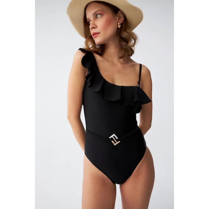 Moda Kadın Tek Omuz Fırfırlı Mayo Siyah