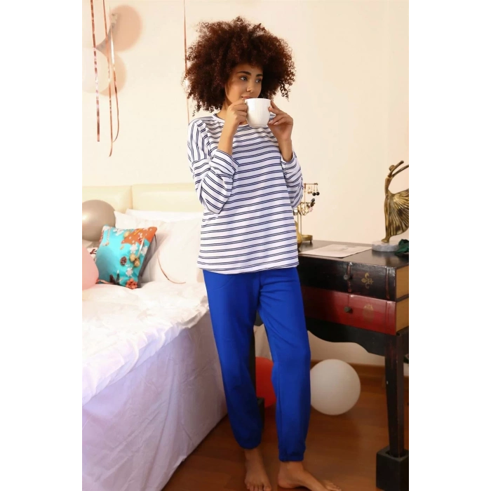 Moda Kadın Uzun Kol 3 İplik Penye Pijama Takım Beyaz