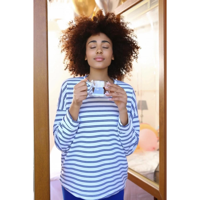 Moda Kadın Uzun Kol 3 İplik Penye Pijama Takım Beyaz