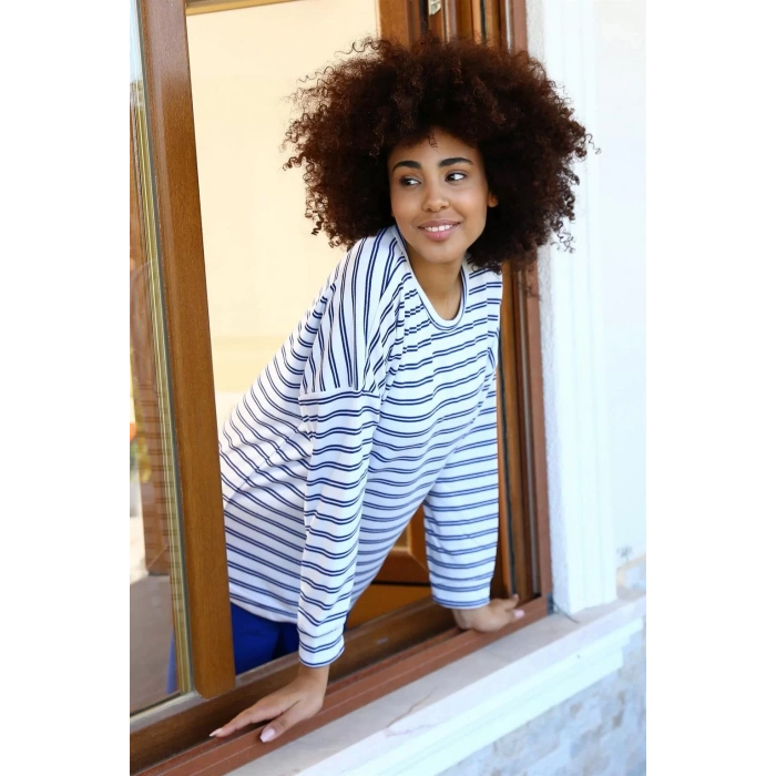 Moda Kadın Uzun Kol 3 İplik Penye Pijama Takım Beyaz