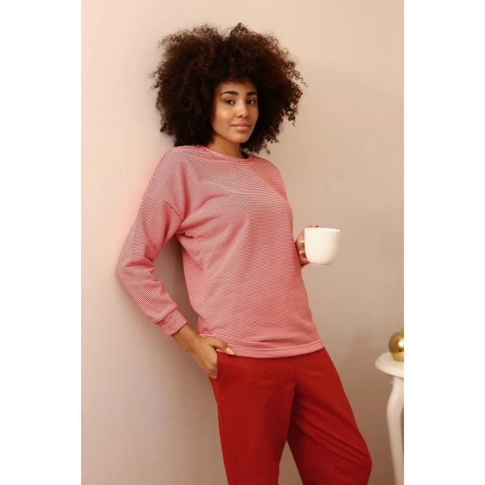 Moda Kadın Uzun Kol 3 İplik Penye Pijama Takım Kırmızı