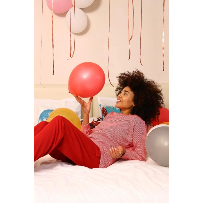 Moda Kadın Uzun Kol 3 İplik Penye Pijama Takım Kırmızı