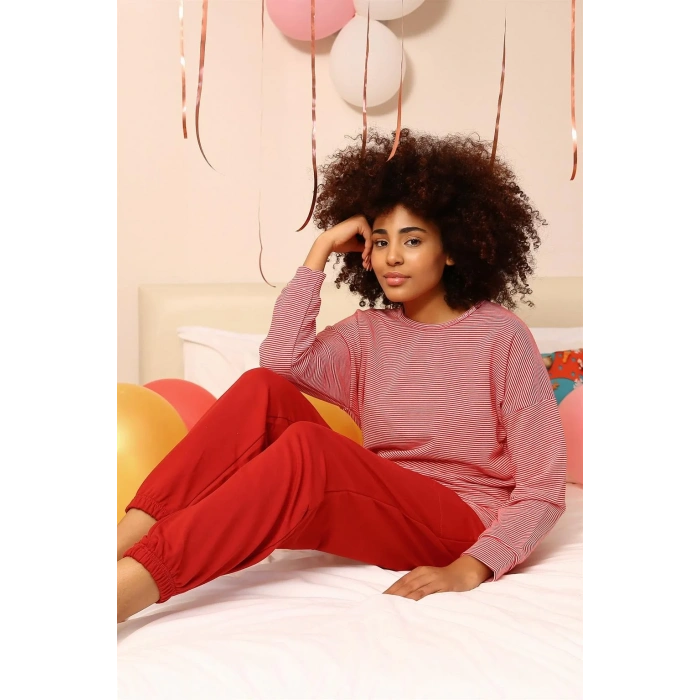 Moda Kadın Uzun Kol 3 İplik Penye Pijama Takım Kırmızı