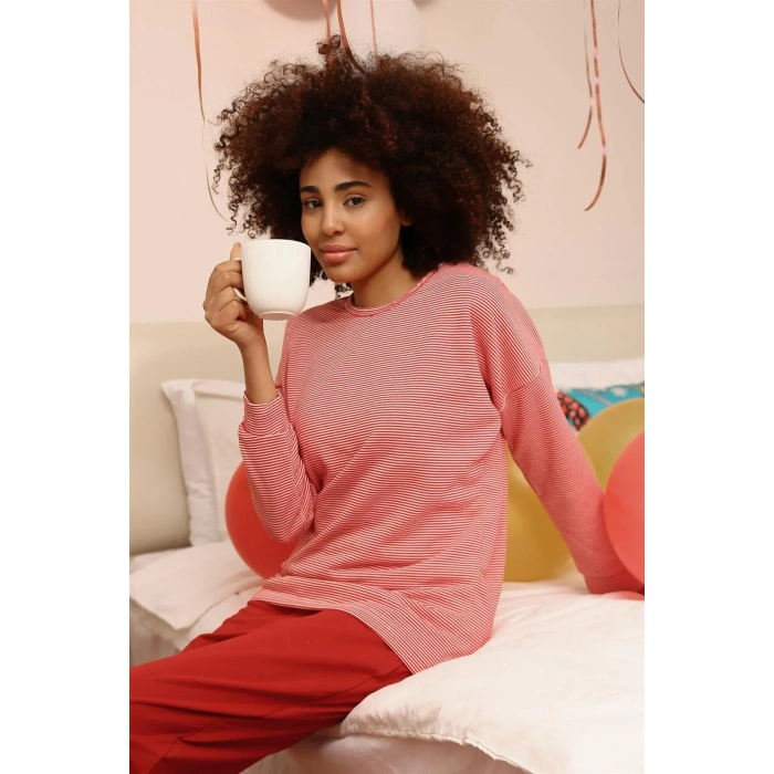 Moda Kadın Uzun Kol 3 İplik Penye Pijama Takım Kırmızı