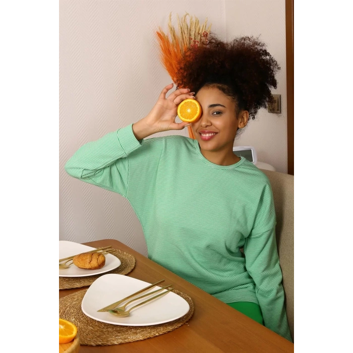 Moda Kadın Uzun Kol 3 İplik Penye Pijama Takım Yeşil