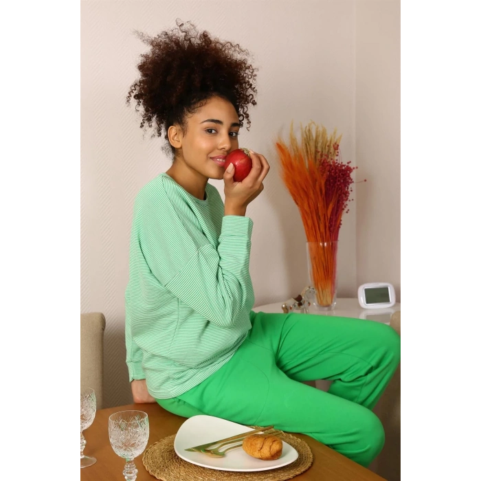 Moda Kadın Uzun Kol 3 İplik Penye Pijama Takım Yeşil