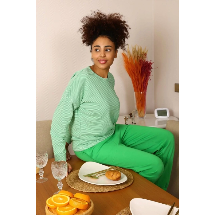 Moda Kadın Uzun Kol 3 İplik Penye Pijama Takım Yeşil