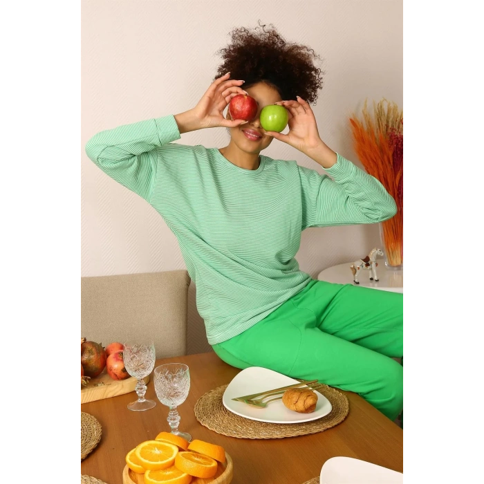 Moda Kadın Uzun Kol 3 İplik Penye Pijama Takım Yeşil