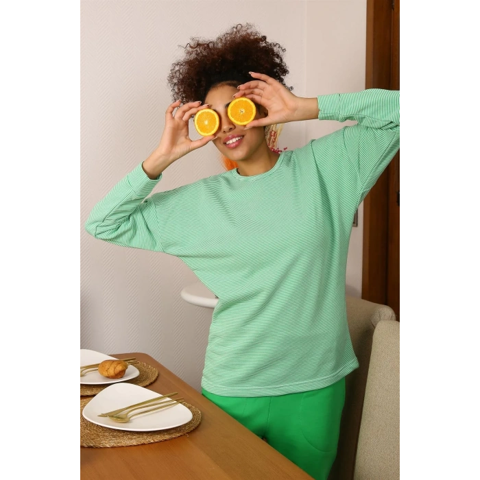 Moda Kadın Uzun Kol 3 İplik Penye Pijama Takım Yeşil