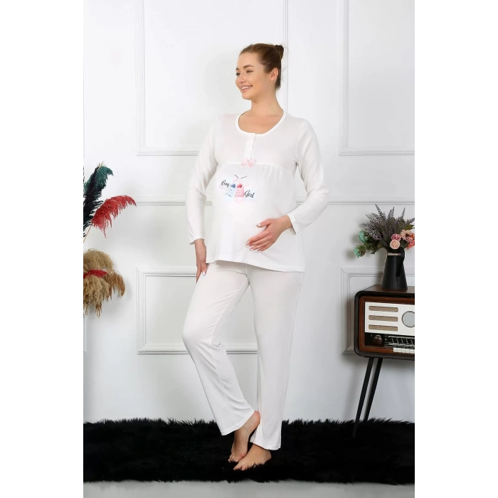 Moda Kadın Uzun Kol Hamile Lohusa Pijama Takımı Ekru