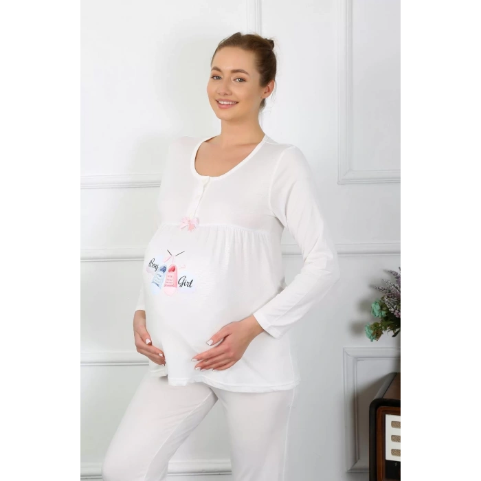 Moda Kadın Uzun Kol Hamile Lohusa Pijama Takımı Ekru